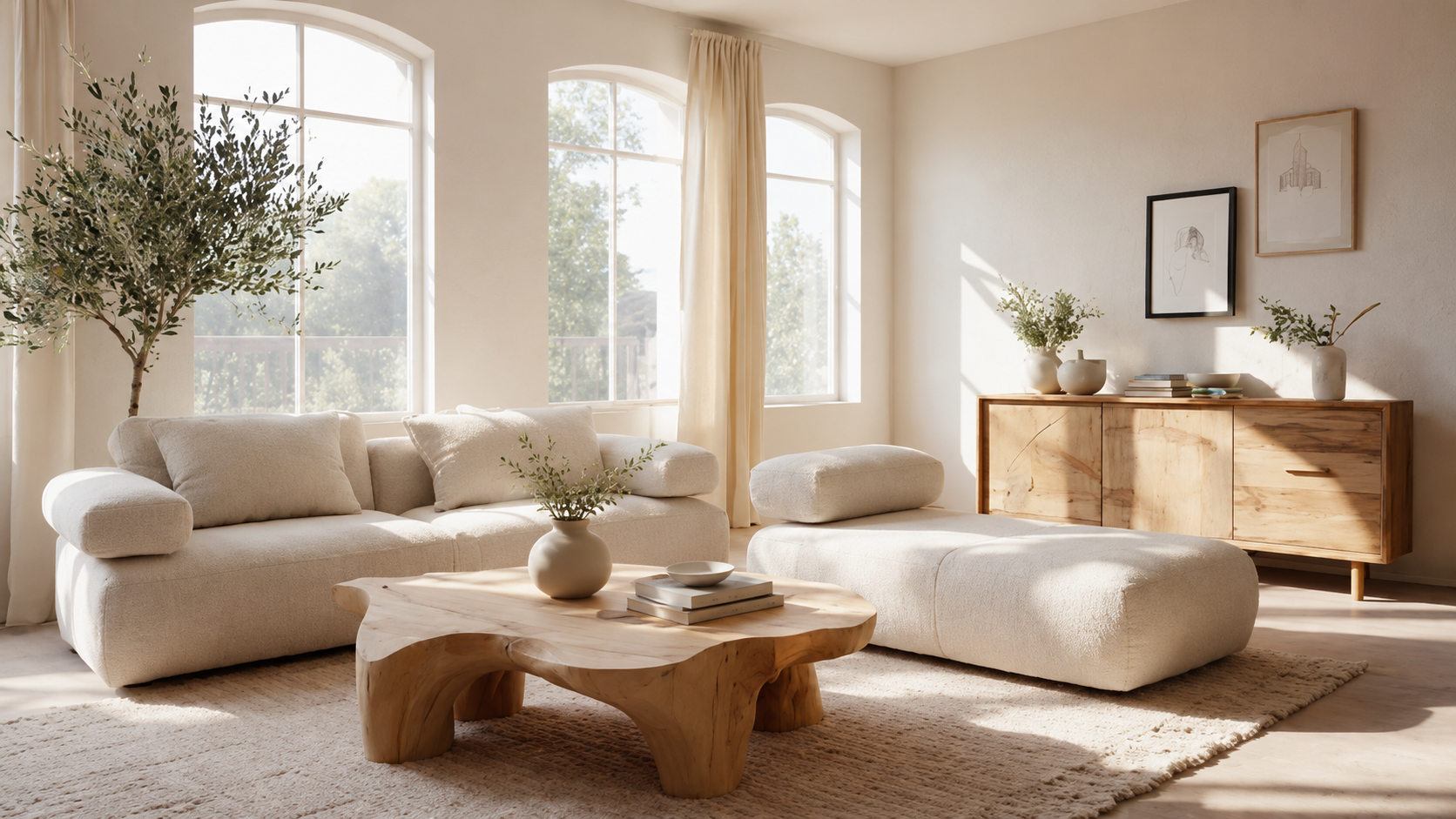 organic modern living room ideas with walnut wood furniture and warm neutral tones