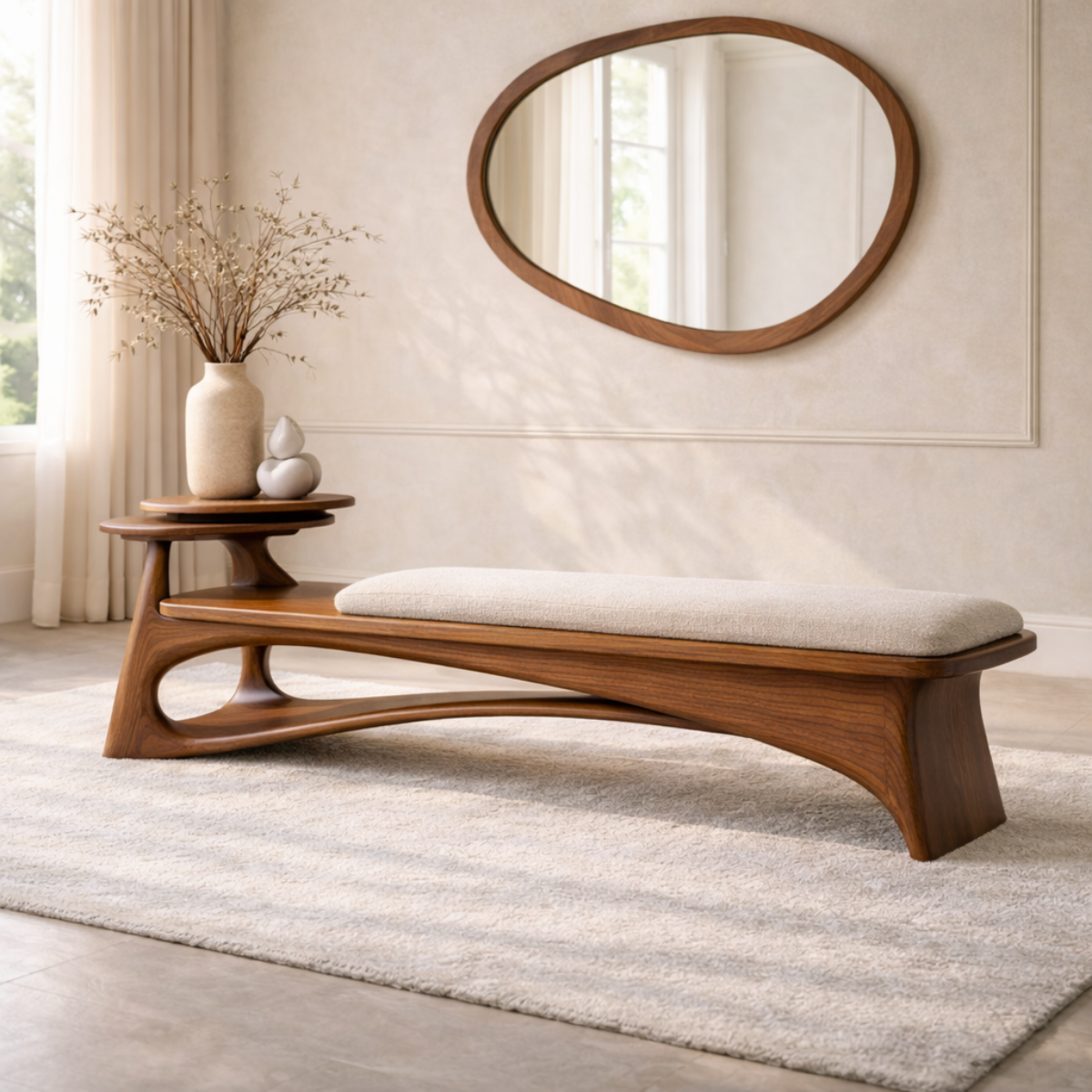 Contemporary Entryway Bench with Side Table Curved Hallway Seat Minimalist Furniture