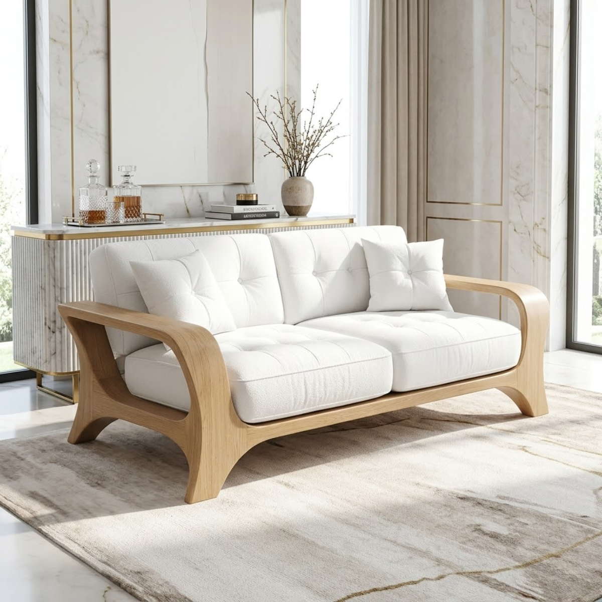 Luxury Curved Solid Wood Sofa with White Tufted Cushions Modern Designer Couch