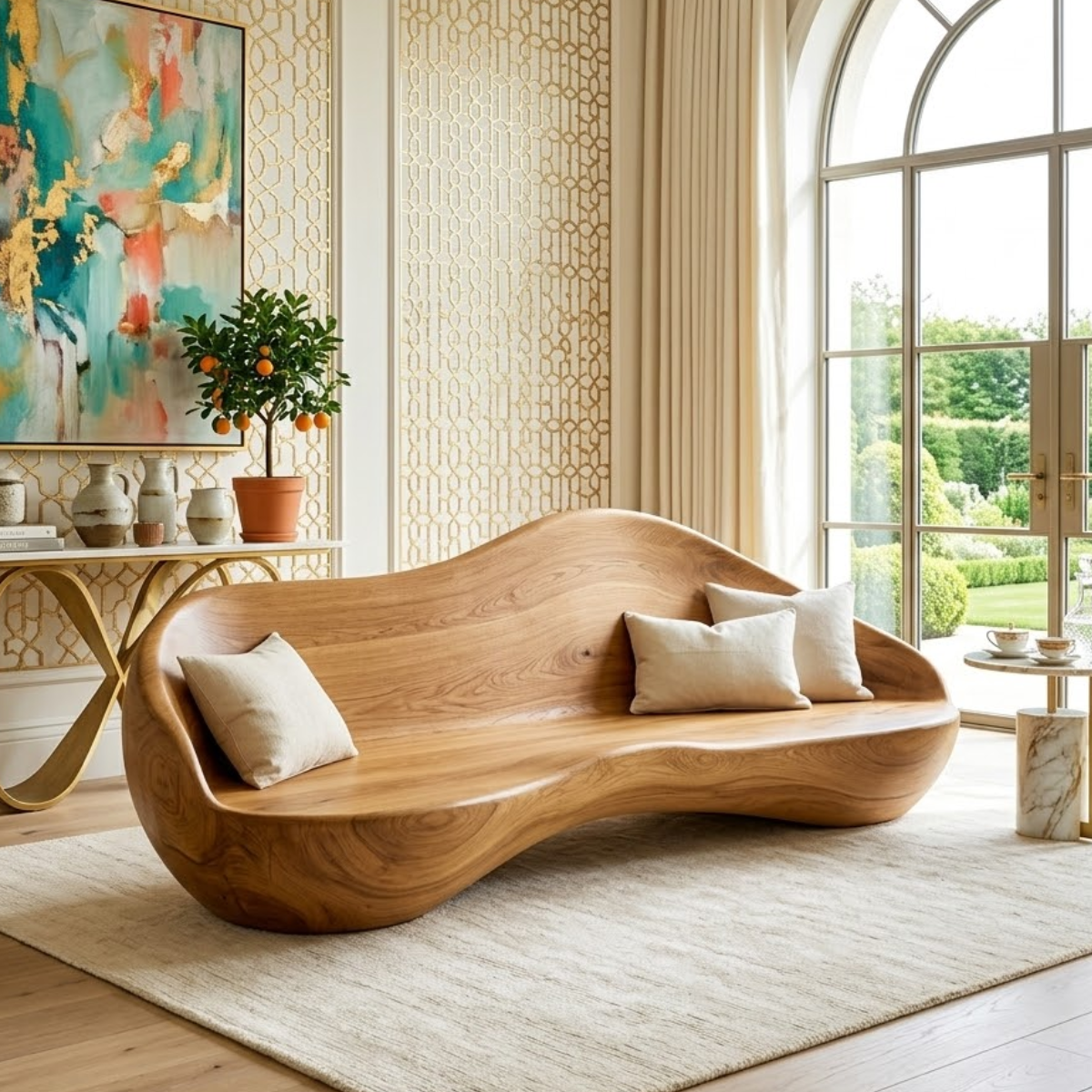 Sculptural Curved Wooden Sofa, Luxury Statement Seating for Refined Modern Interiors