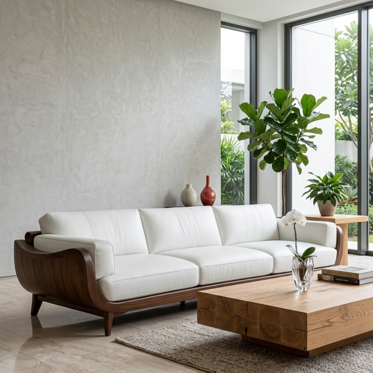 Modern Curved Solid Wood Sofa with White Leather Cushions Luxury Scandi Couch