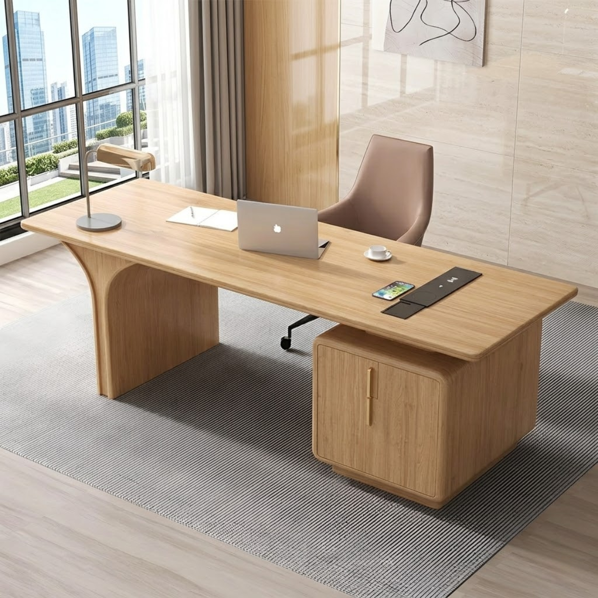 Modern Executive Desk with Curved Base and Cabinet, Minimalist Office Writing Table