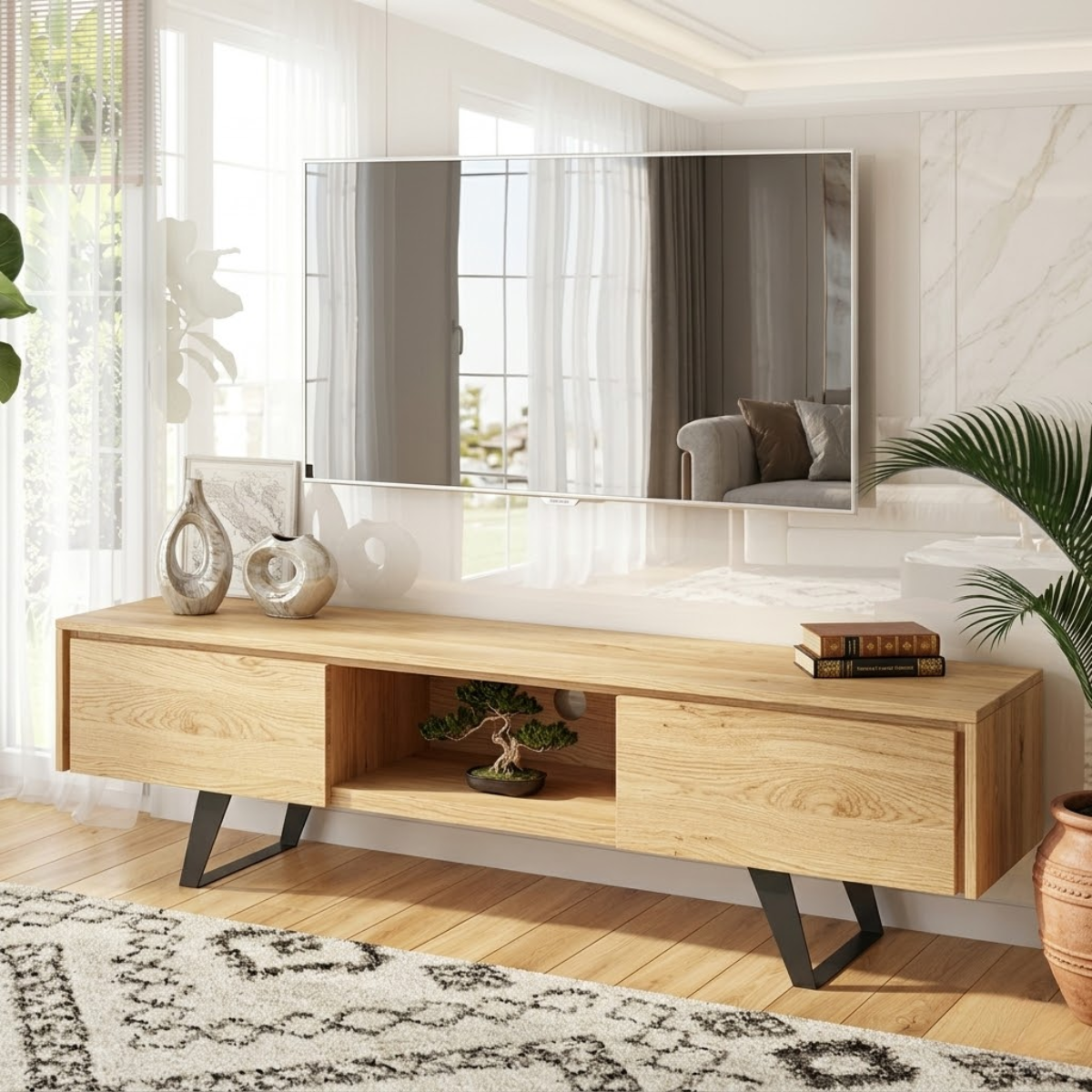 Solid Wood TV Stand with Storage, Open Shelf Media Console Cabinet