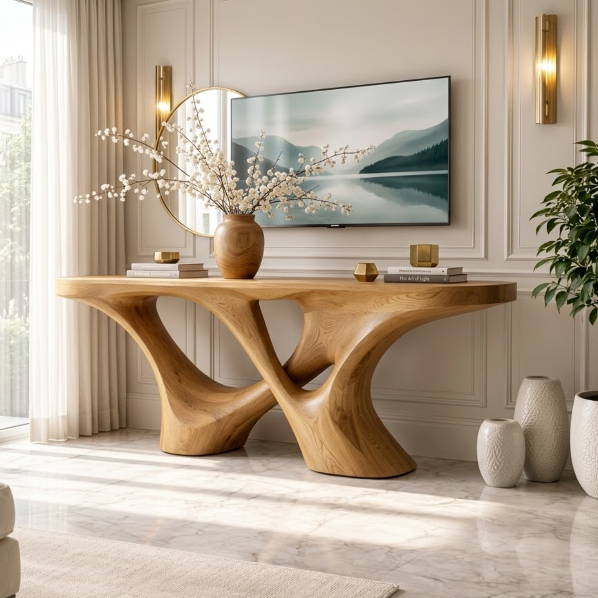 Solid Wood Console Table with Sculpted Curved Base, Artistic Modern Design