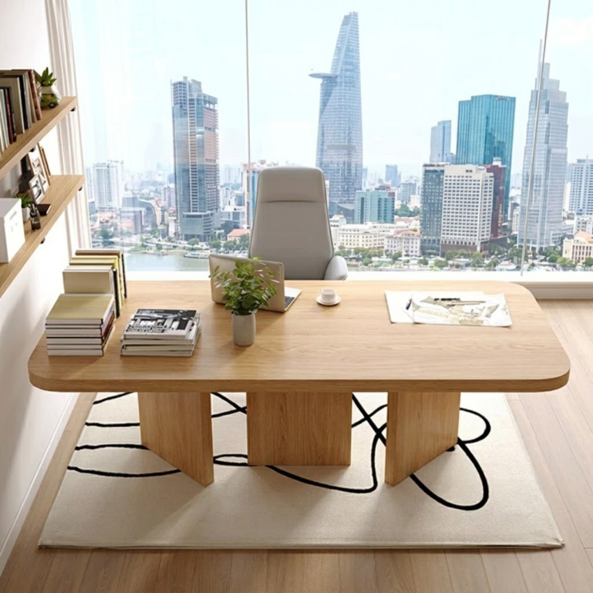 Modern Executive Desk with Rounded Corners, Large Minimalist Office Writing Table