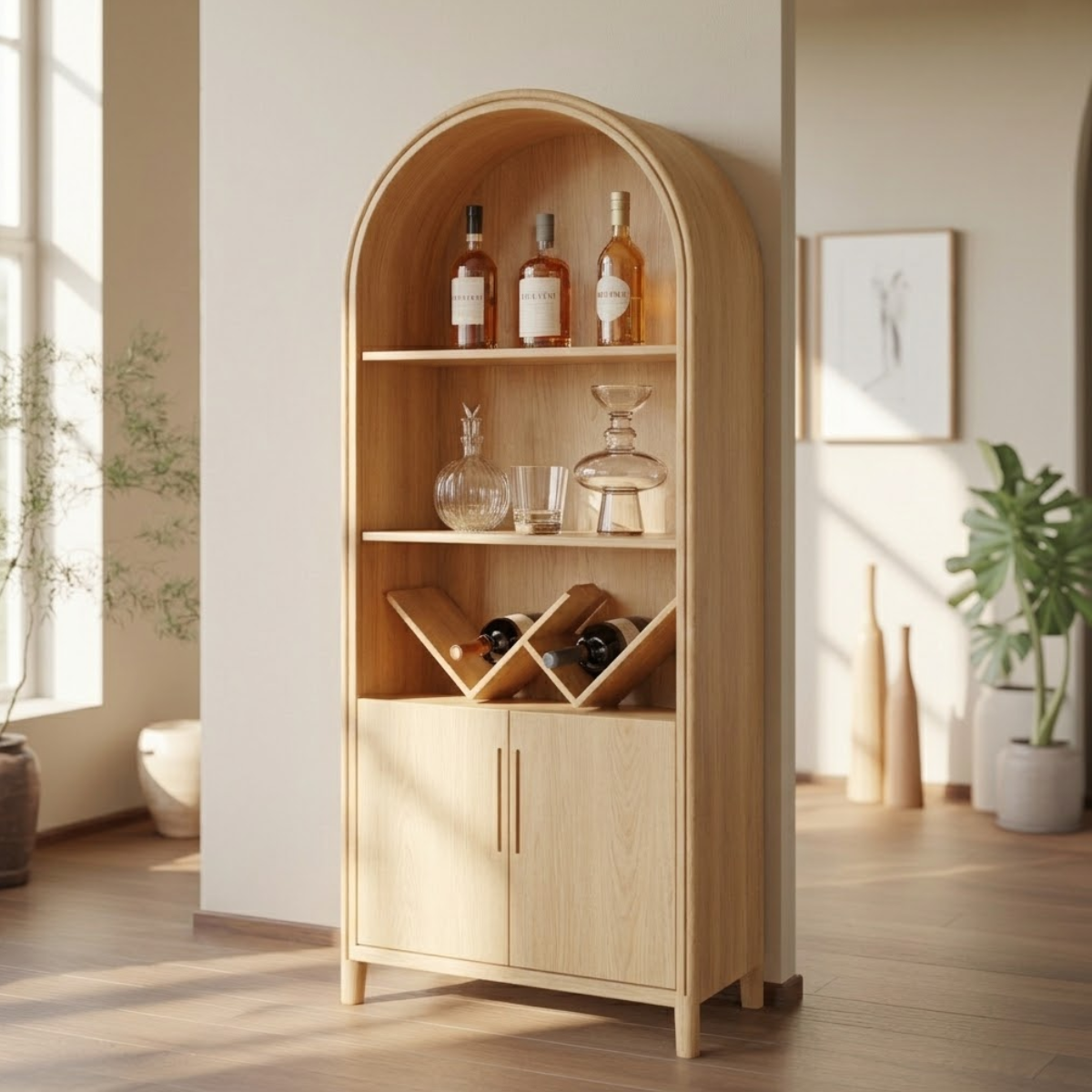 Modern Arched Wine Cabinet with Display Shelves and Built-In Bottle Organizer