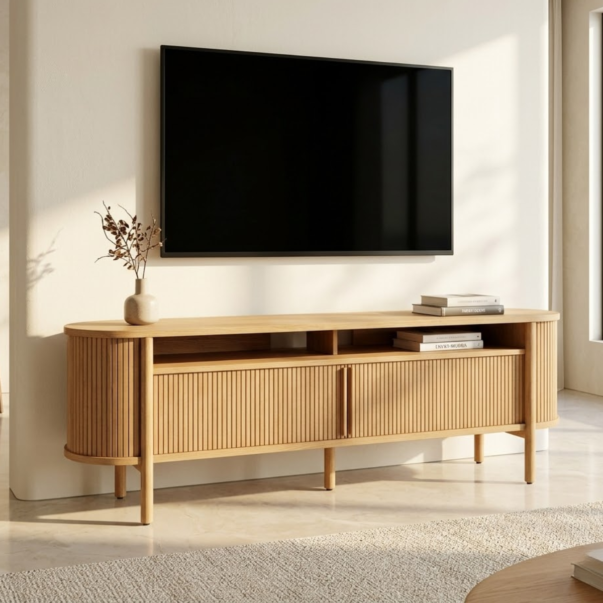 Modern Fluted TV Console, Rounded Media Cabinet for Refined Living-Room Interiors