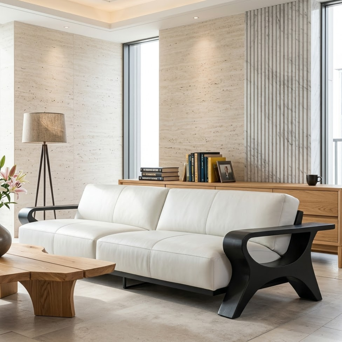 Modern Sculptural Solid Wood Sofa with White Leather Cushions Scandi Living Room Couch