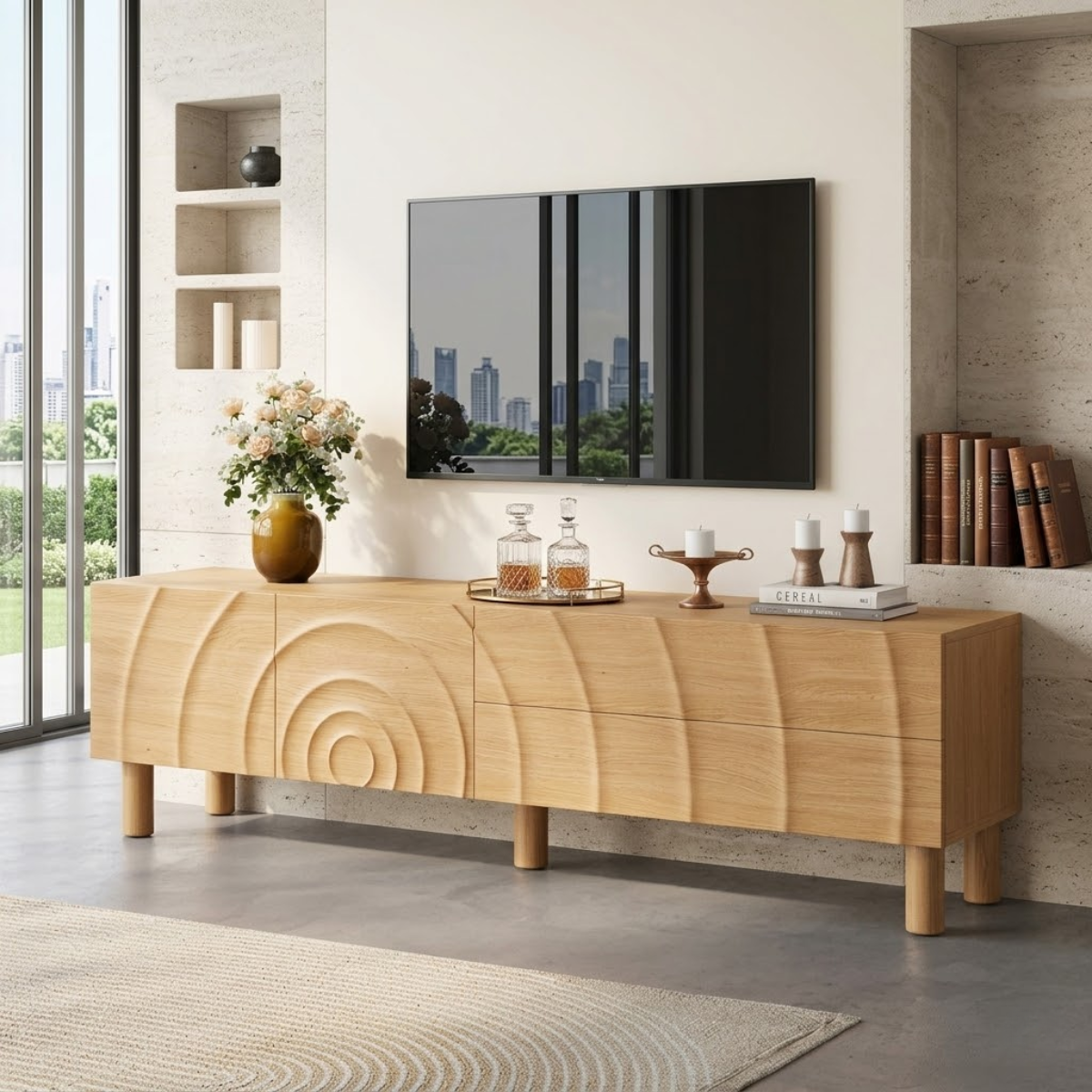 Modern Carved TV Console, Sculptural Entertainment Cabinet for Elegant Interiors