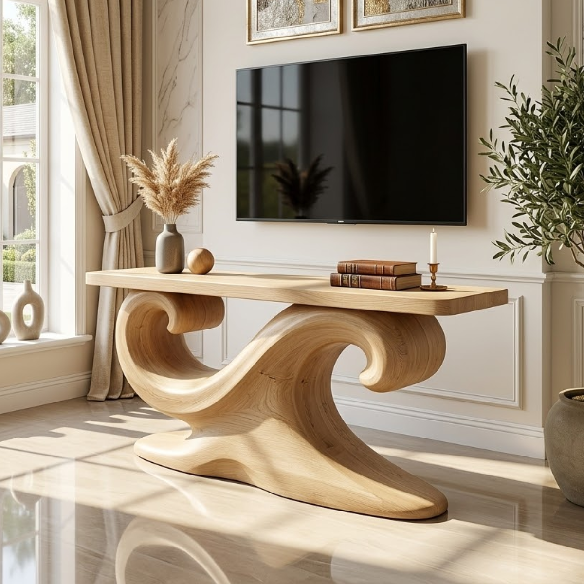 Solid Wood Console Table with Sculpted Curved Base, Artistic Modern Design