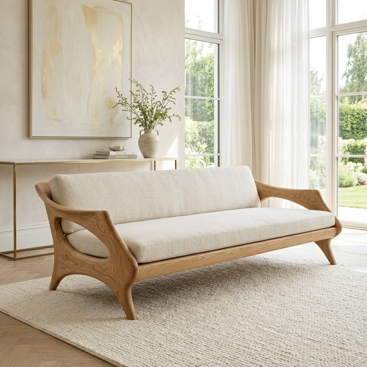 Elegant Curved Upholstered Sofa, Sculptural Accent Seating for Modern Interiors