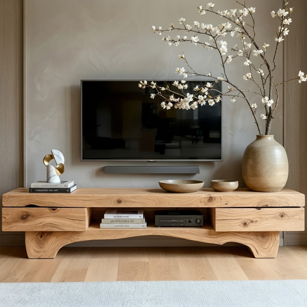 Solid Wood TV Stand with Drawers, Rustic-Modern Media Console Cabinet Centerpiece