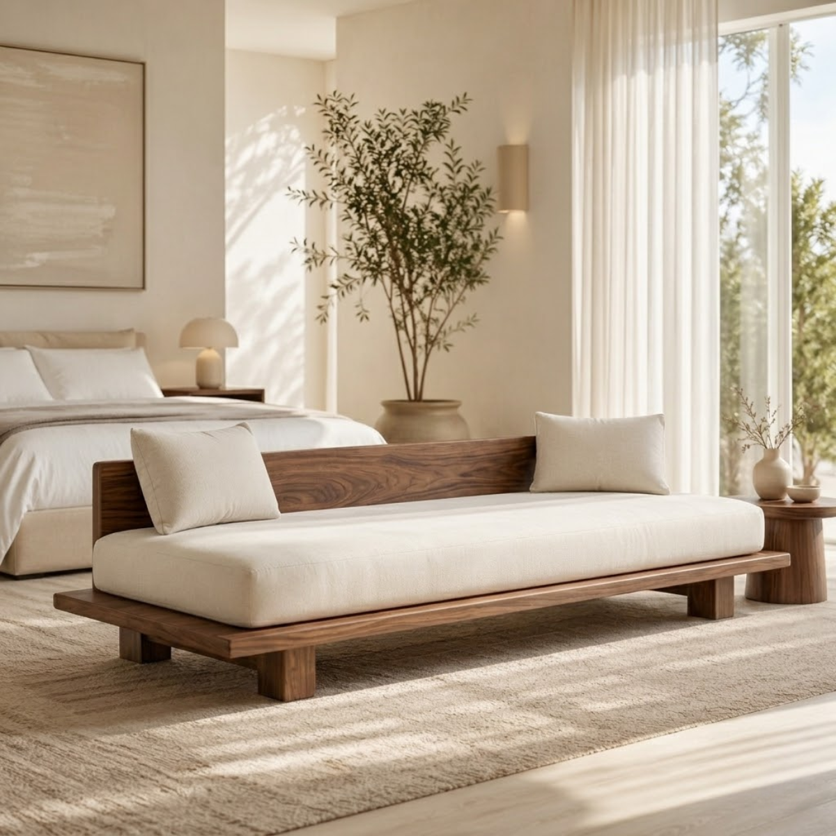 Modern Daybed Sofa with Backrest Minimal Upholstered Bench for Bedroom Decor