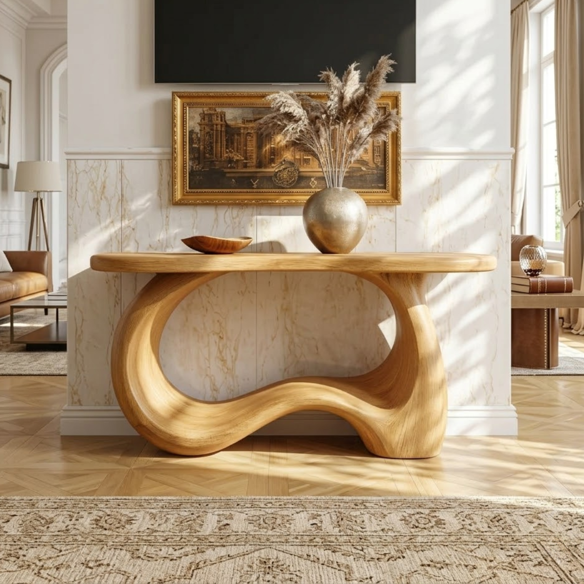 Solid Wood Console Table with Sculpted Curved Base, Modern Organic Design
