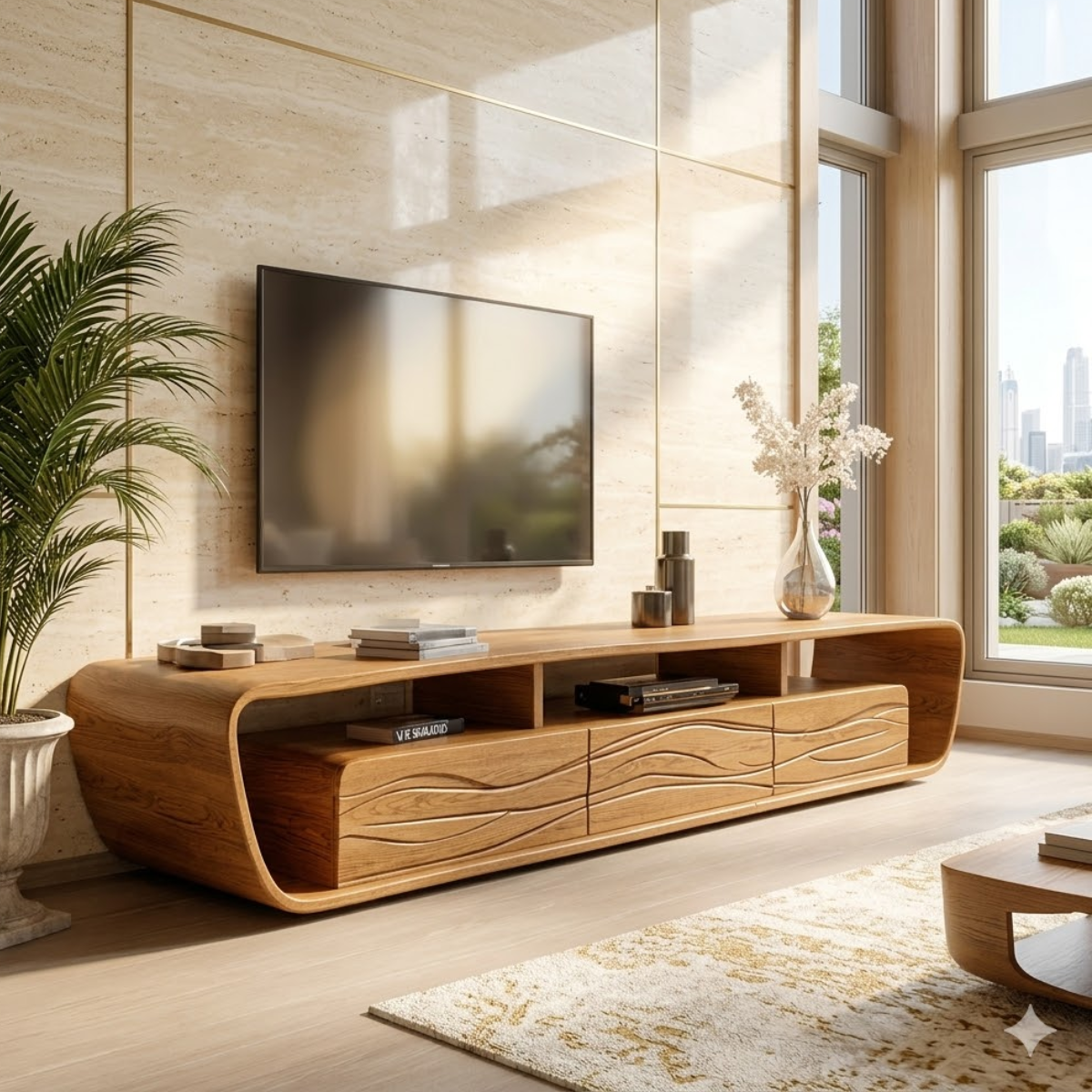 Modern Wave Front TV Console, Sculptural Entertainment Stand for Luxury Interiors
