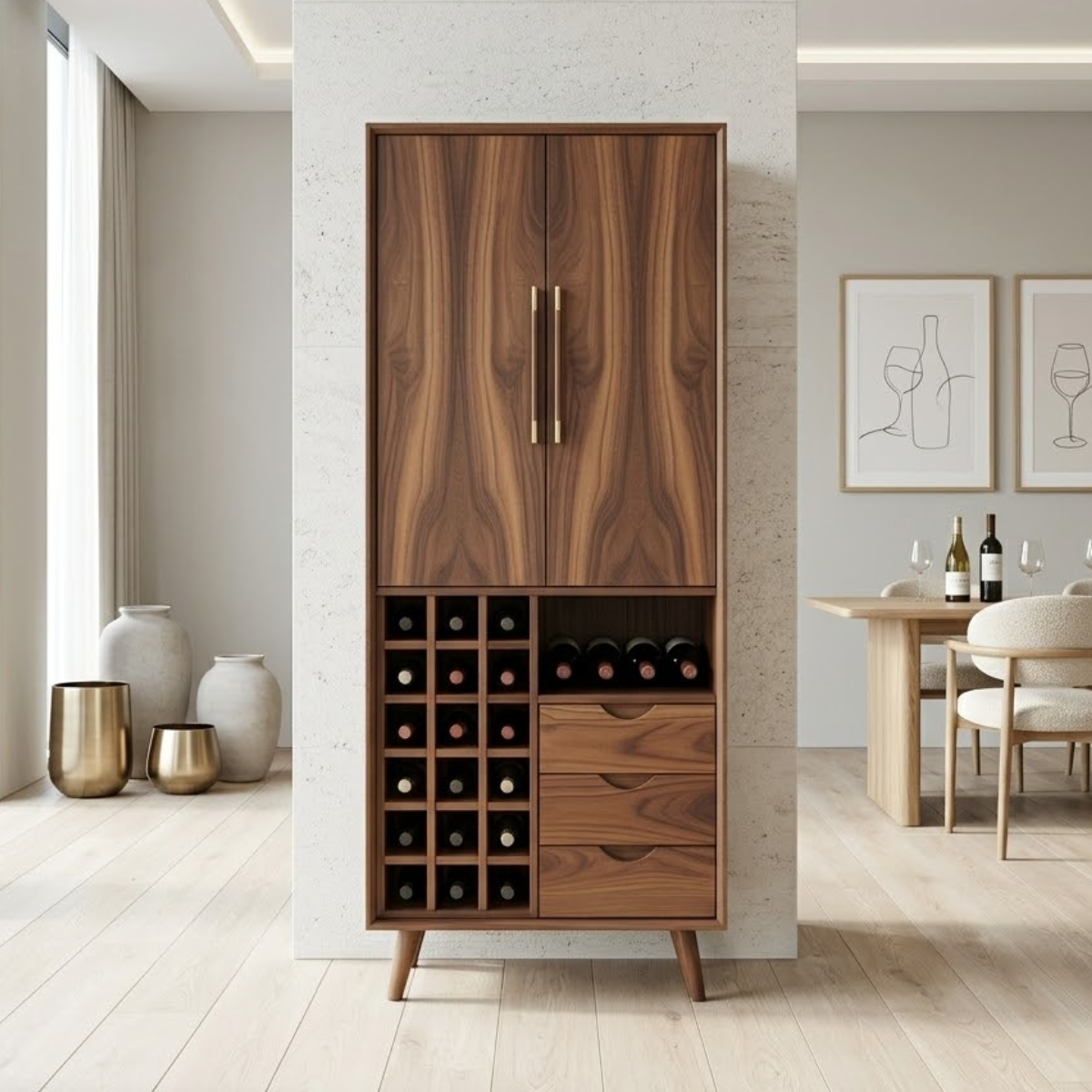 Modern Wine Cabinet with Bottle Rack, Drawers and Tall Concealed Storage