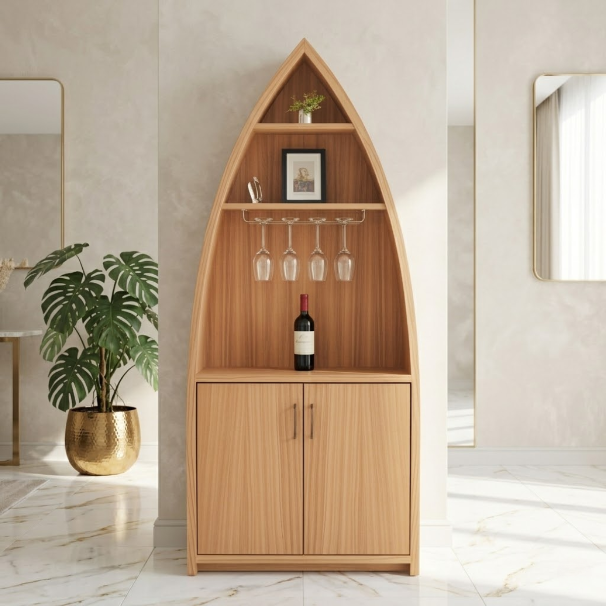 Modern Boat Shaped Bar Cabinet with Glass Rack and Concealed Storage