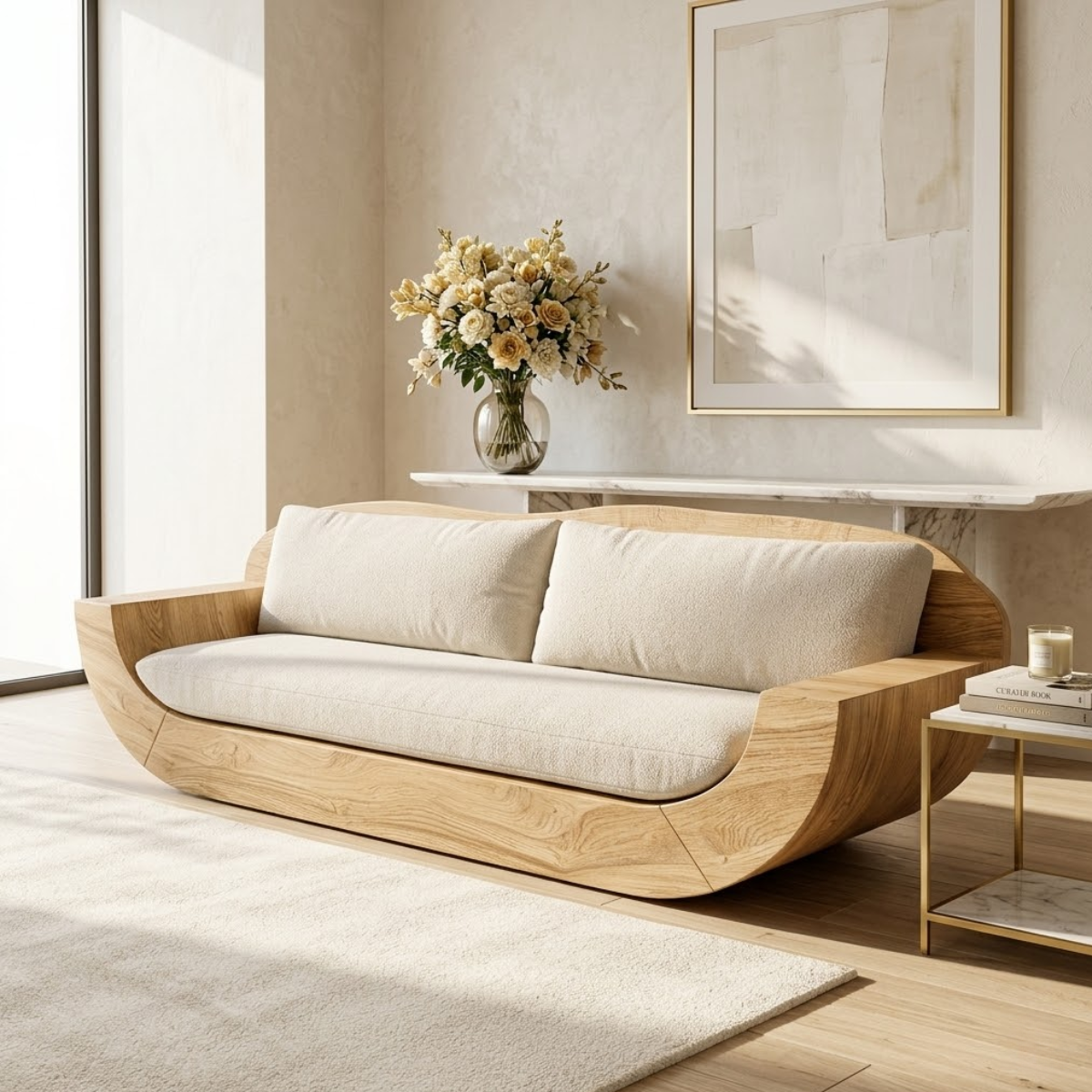 Modern Curved Upholstered Sofa, Sculptural Accent Seating for Elegant Home Interiors