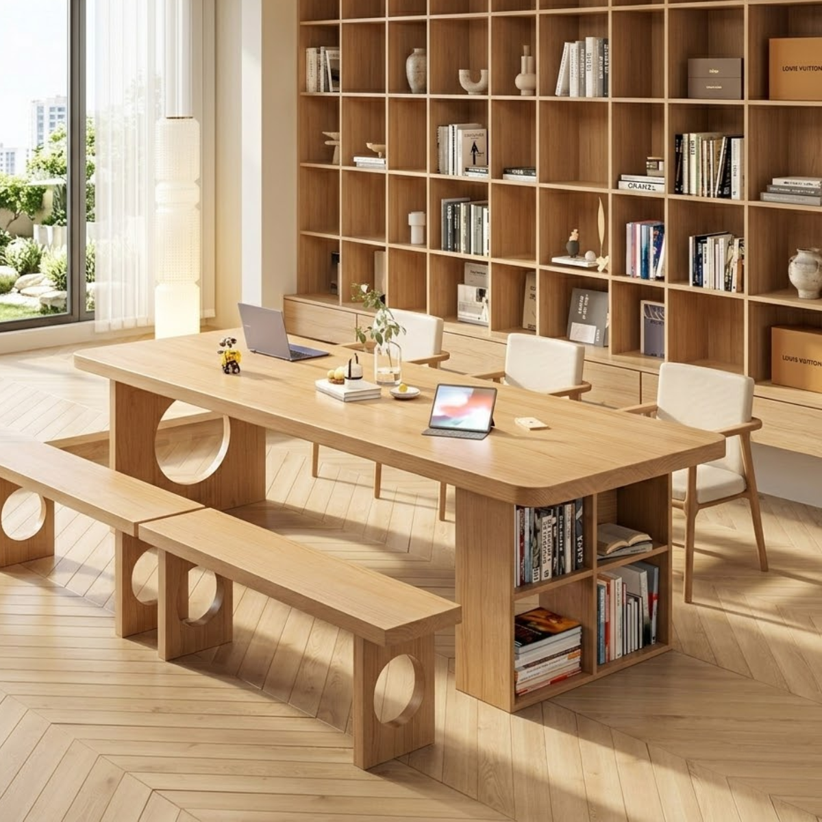 Stylish Work Desk with Open Shelves and Round Accent for Home or Office