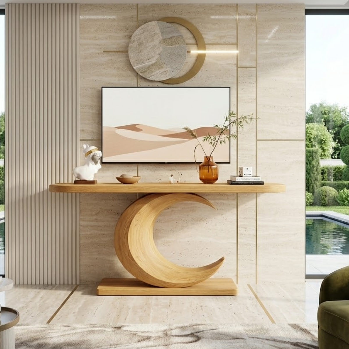 Solid Wood Console Table with Sculpted Crescent Base, Modern Artistic Design
