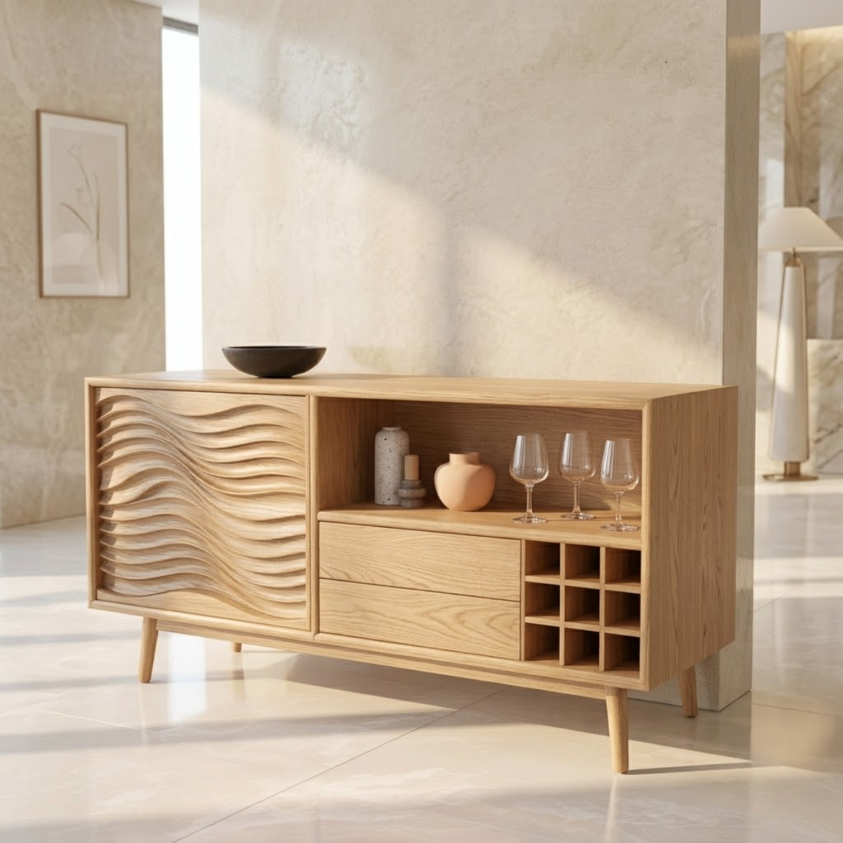 Modern Bar Cabinet Sideboard with Wave Door, Wine Cubby and Open Shelf