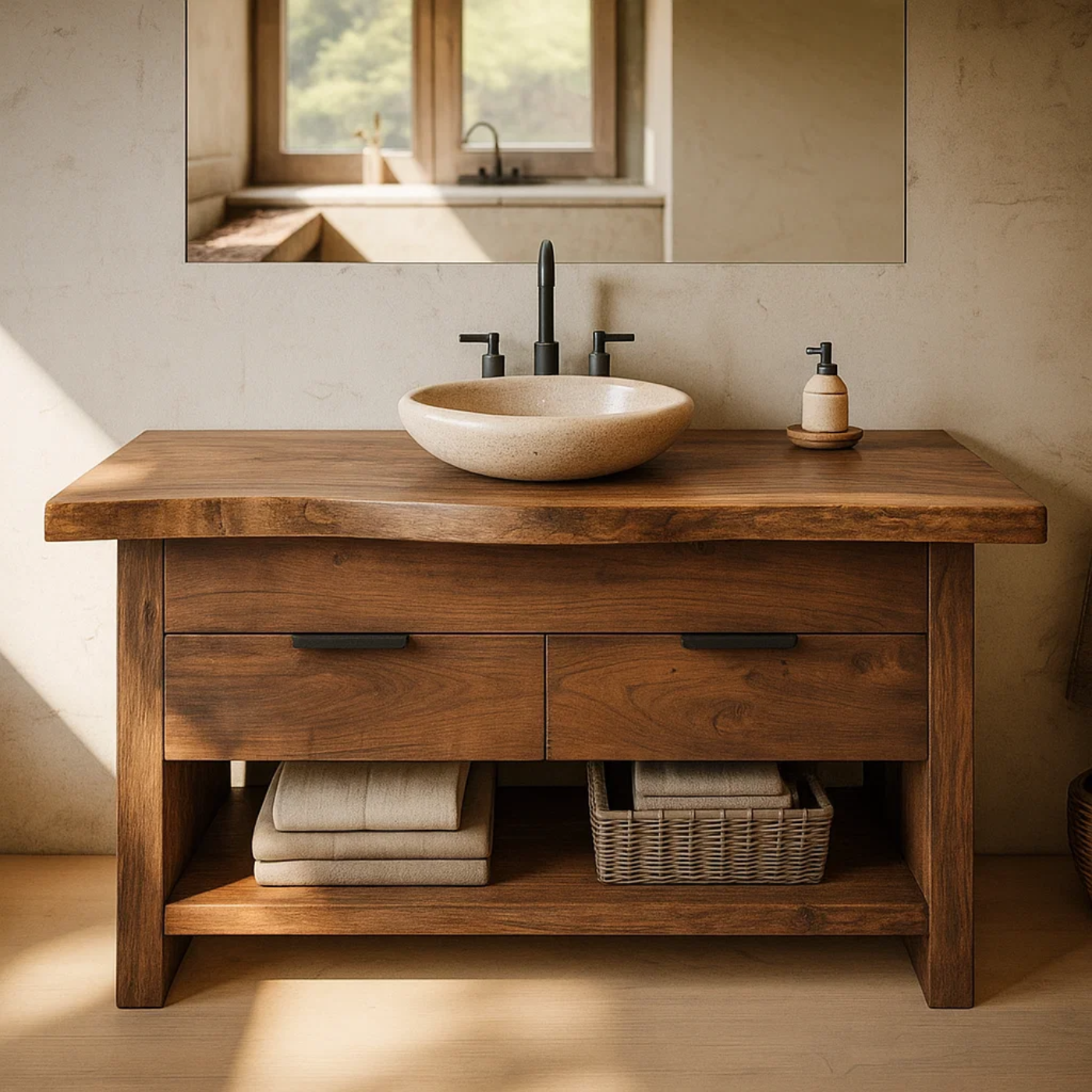 Modern Solid Wood Bathroom Vanity with Double Drawers and Open Bottom Shelf