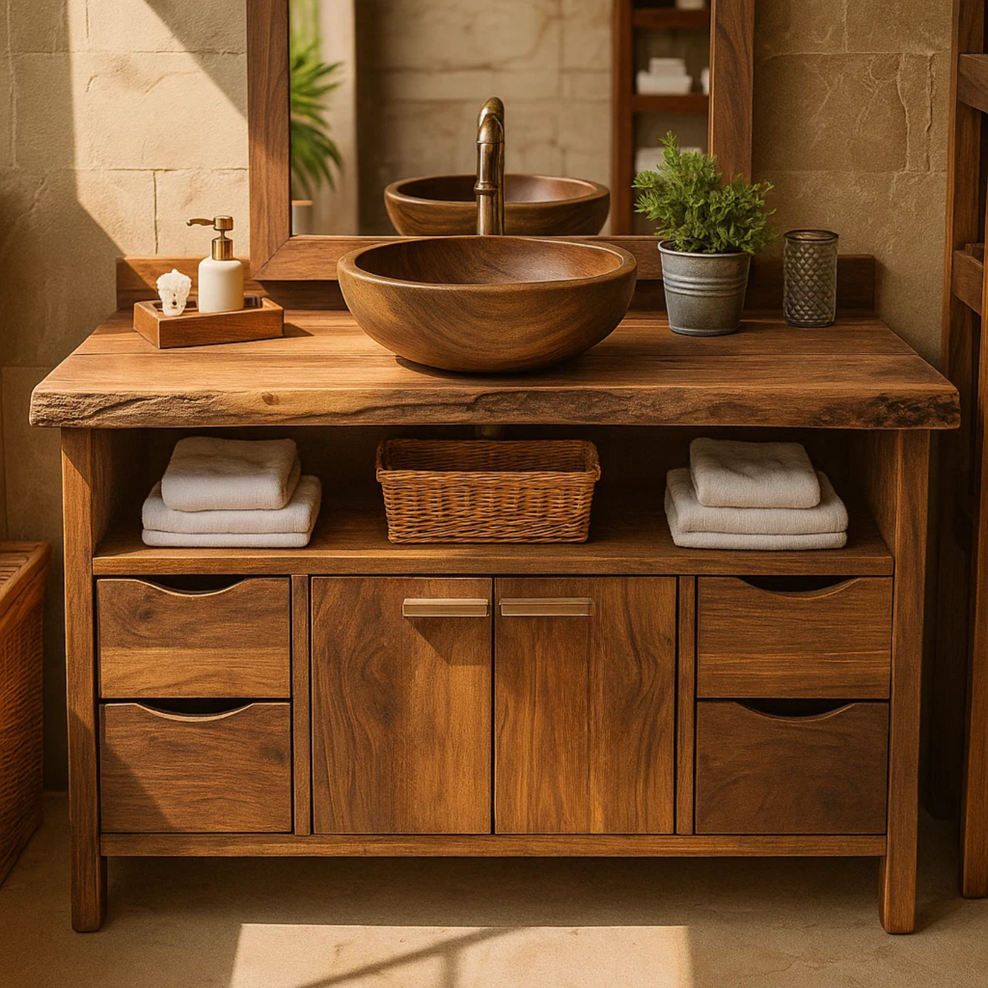 Rustic Solid Wood Bathroom Vanity Cabinet with Multi-Drawer Storage and Open Shelf