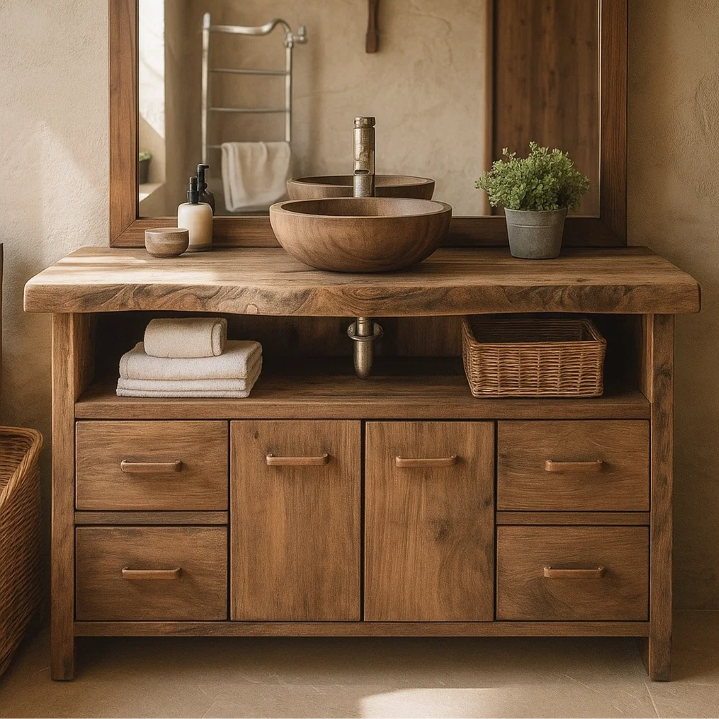 Solid Wood Live Edge Double Bathroom Vanity with 6 Drawers and Double Cabinet Doors for Modern Farmhouse Bathrooms