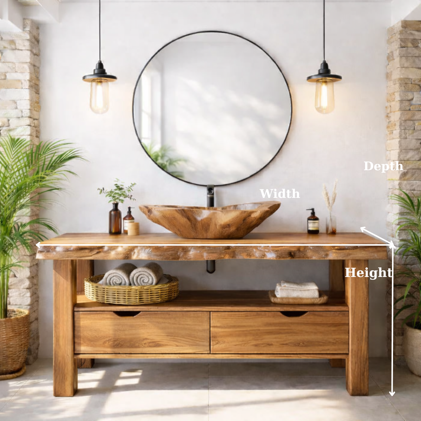 Solid Wood Bathroom Vanity with Live Edge Countertop and Open Shelf – Rustic Modern Bathroom Cabinet