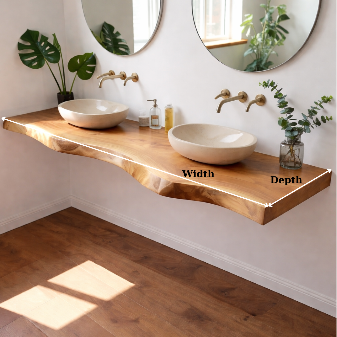 Floating Live Edge Solid Wood Double Sink Bathroom Vanity Top – Rustic Wall Mounted Wood Countertop