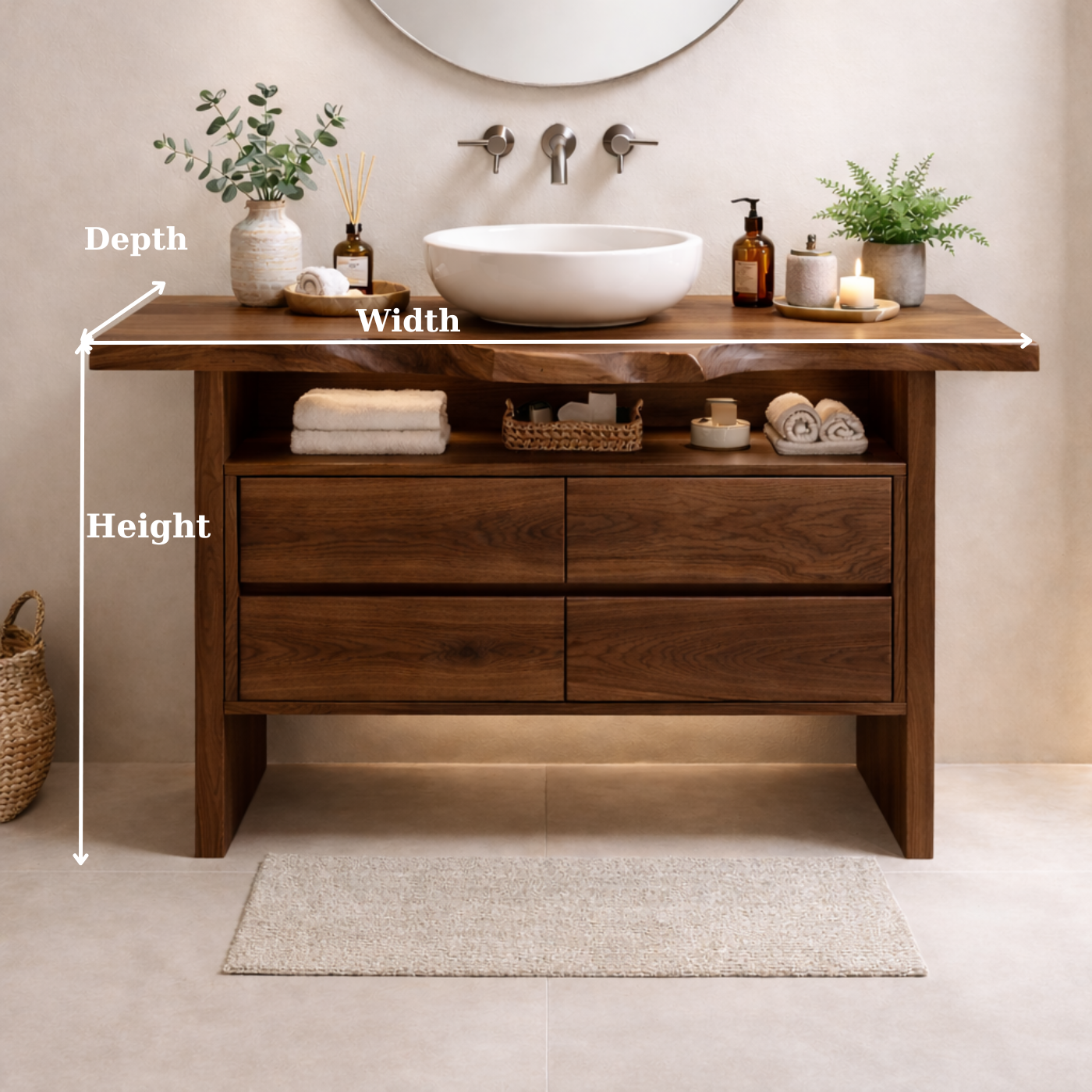 Solid Wood Bathroom Vanity with Open Shelf and Four Drawers