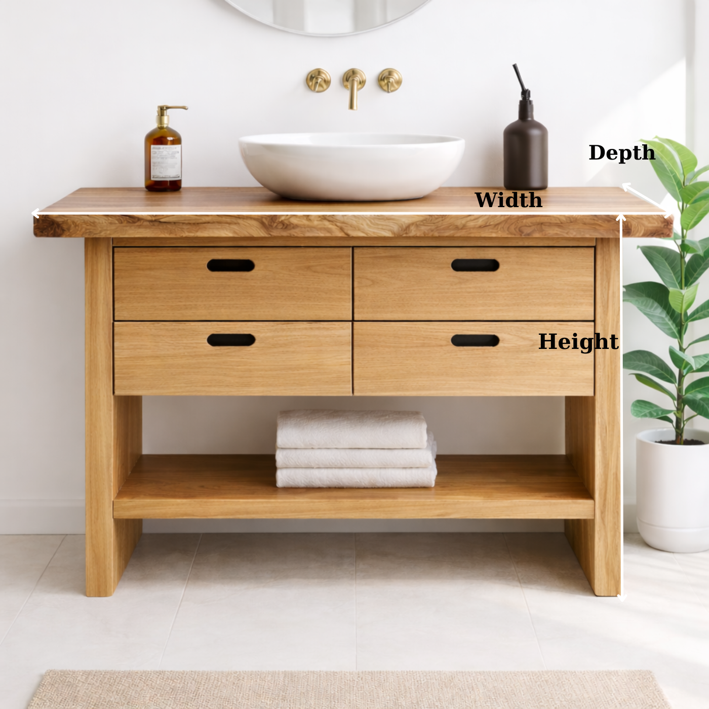 Solid Wood Bathroom Vanity Cabinet with Live Edge Top, 4 Drawers and Open Storage Shelf