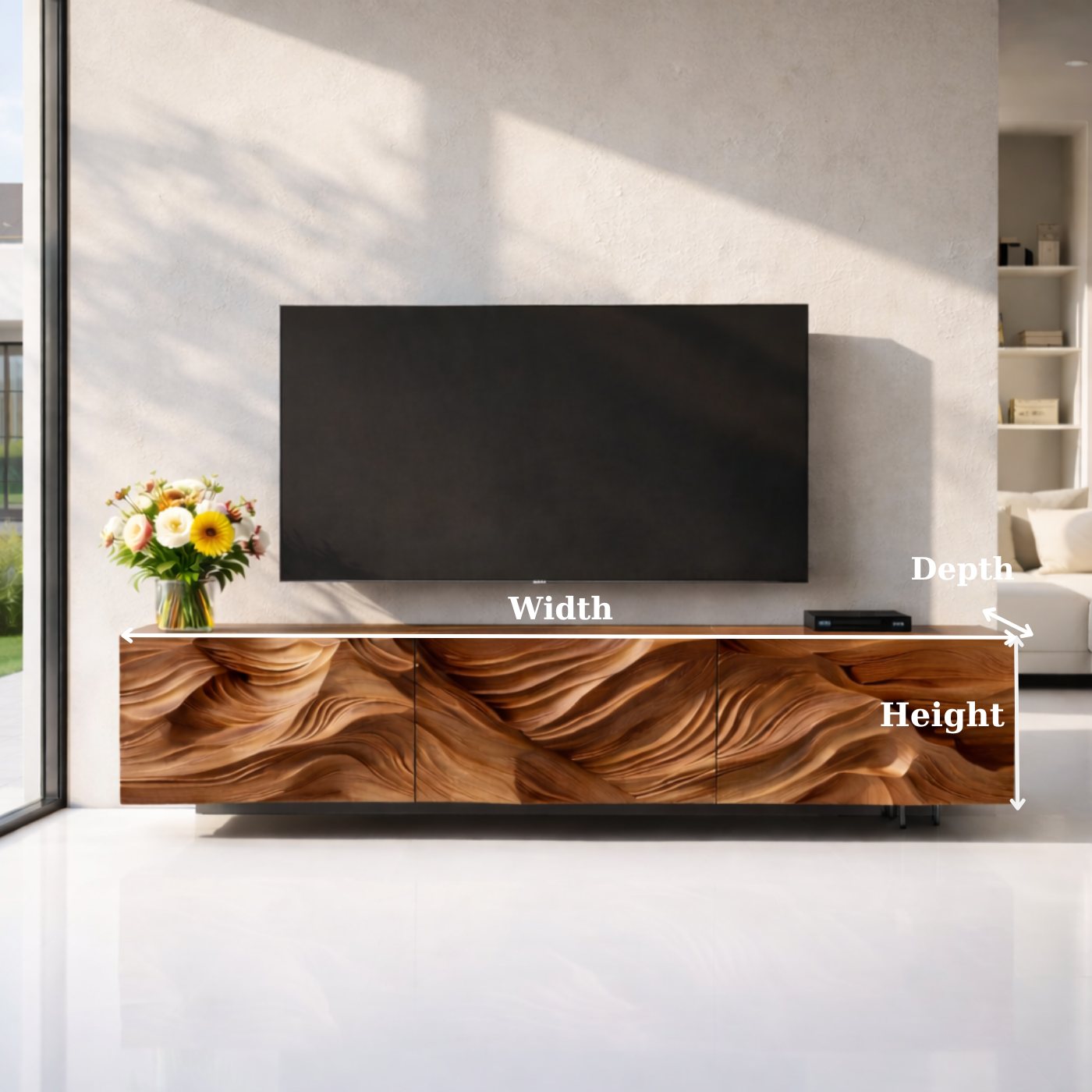 Modern Solid Wood TV Stand with Artistic Carved Front – Walnut Media Console Cabinet