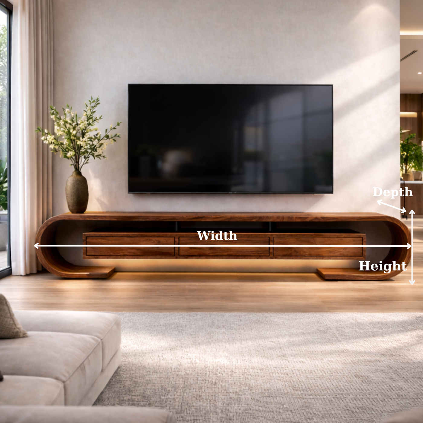 Modern Curved Solid Wood TV Stand – Walnut Floating Media Console with Drawers