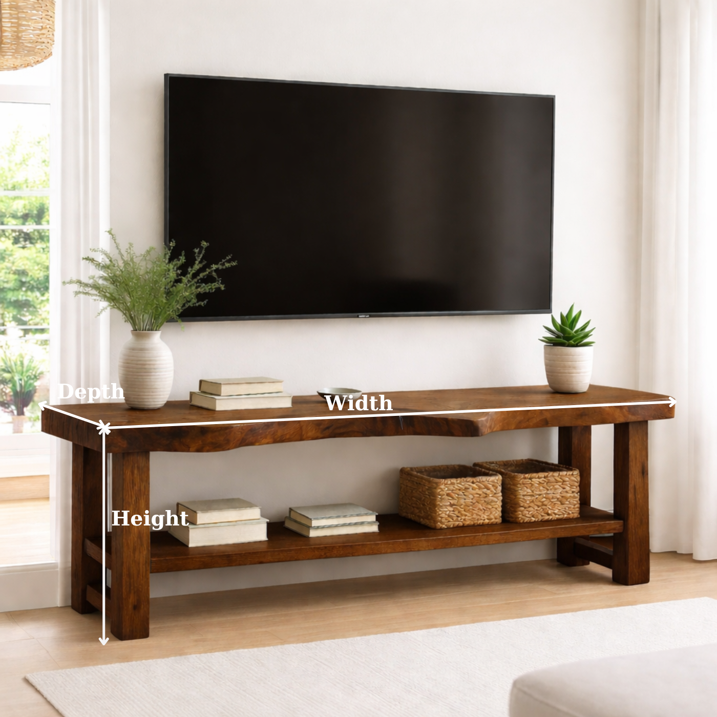 Live Edge Solid Wood TV Stand with Shelf – Rustic Walnut Media Console Table