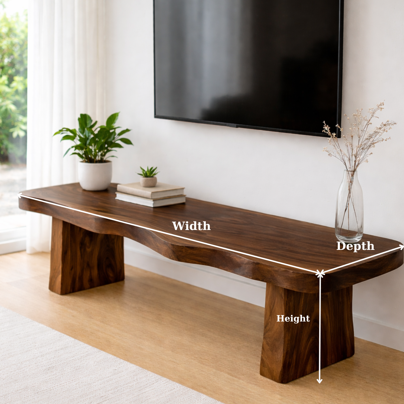 Live Edge Solid Wood TV Stand – Rustic Walnut Media Console Table for Living Room