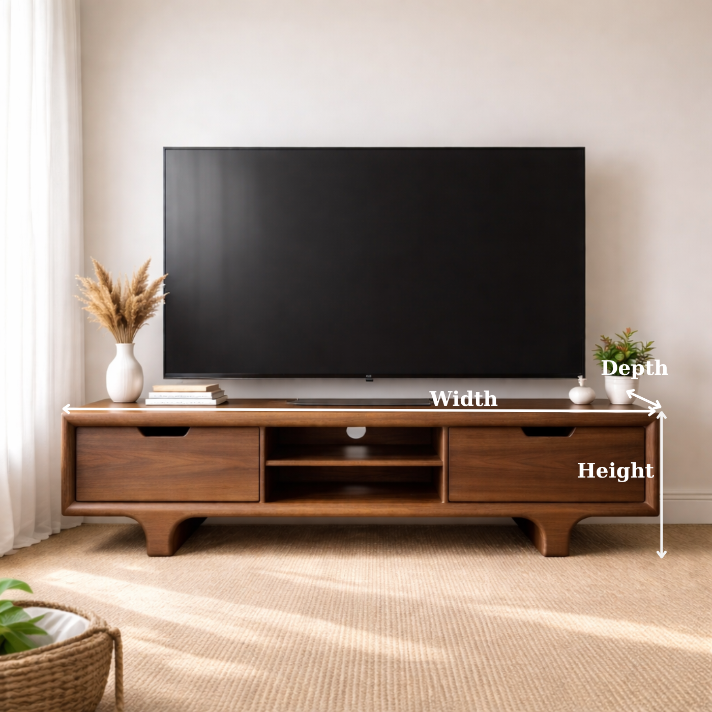 Mid Century Walnut Wood TV Stand with Drawers – Solid Wood Media Console Cabinet
