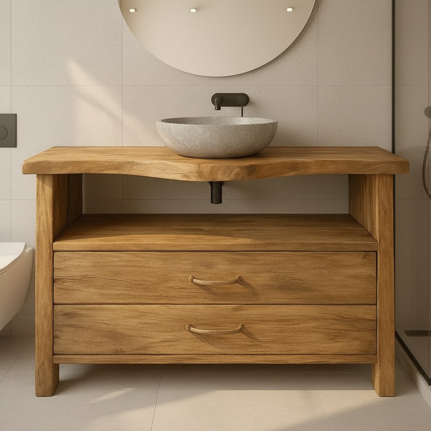 Live Edge Solid Wood Bathroom Vanity with 2 Drawers and Open Shelf for Contemporary Farmhouse Bathrooms