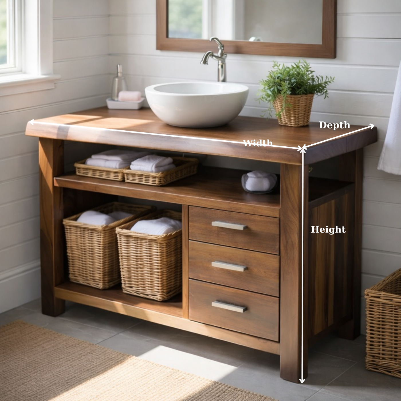 Handcraft Solid Wood Bathroom Vanity with Drawers and Open Shelf Storage
