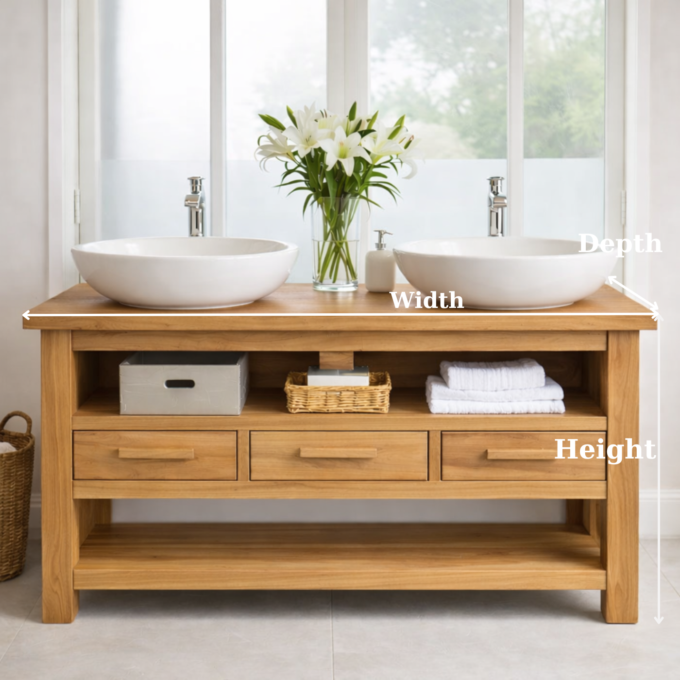 Solid Oak Double Bathroom Vanity with Storage for Spacious Bathrooms