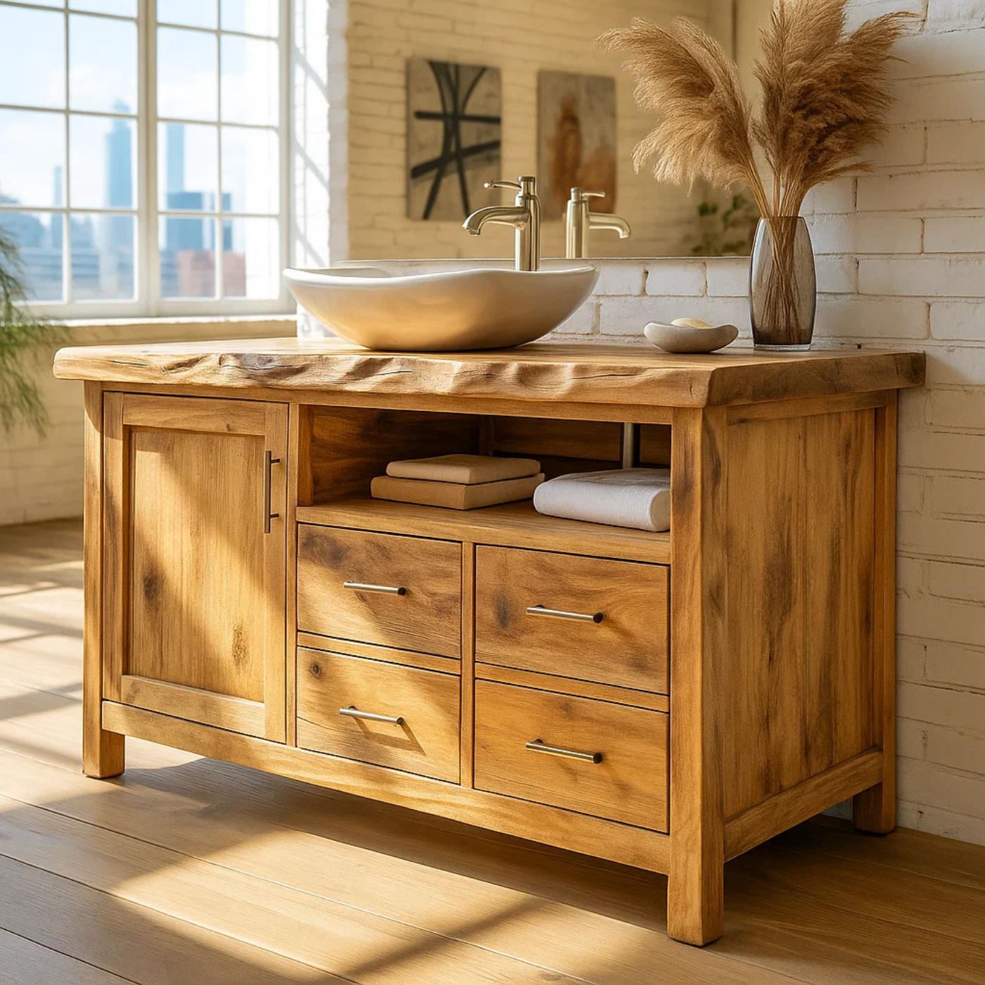 Solid Wood Live Edge Bathroom Vanity with 4 Drawers and Cabinet Door