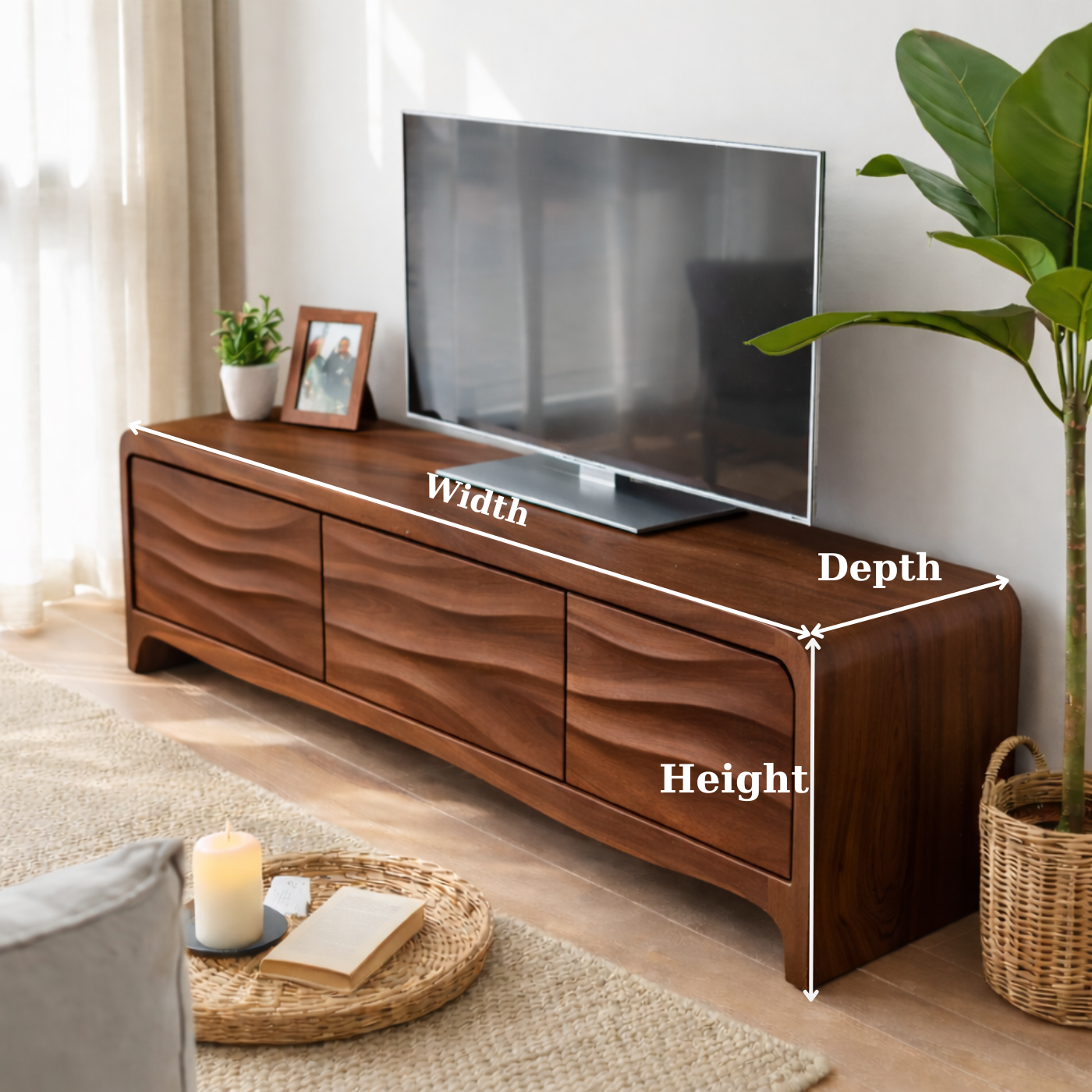 Solid Wood TV Stand with Wave Front Drawers for Modern Living Spaces
