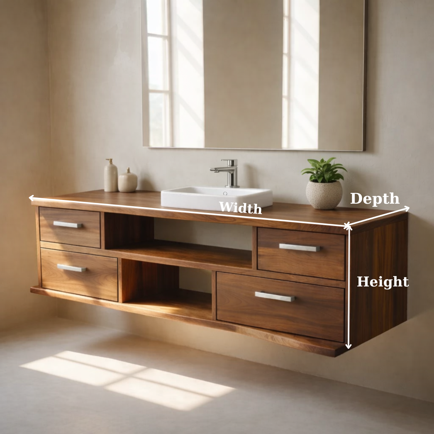 Floating Solid Wood Bathroom Vanity with Drawers and Open Shelf for Modern Bathrooms