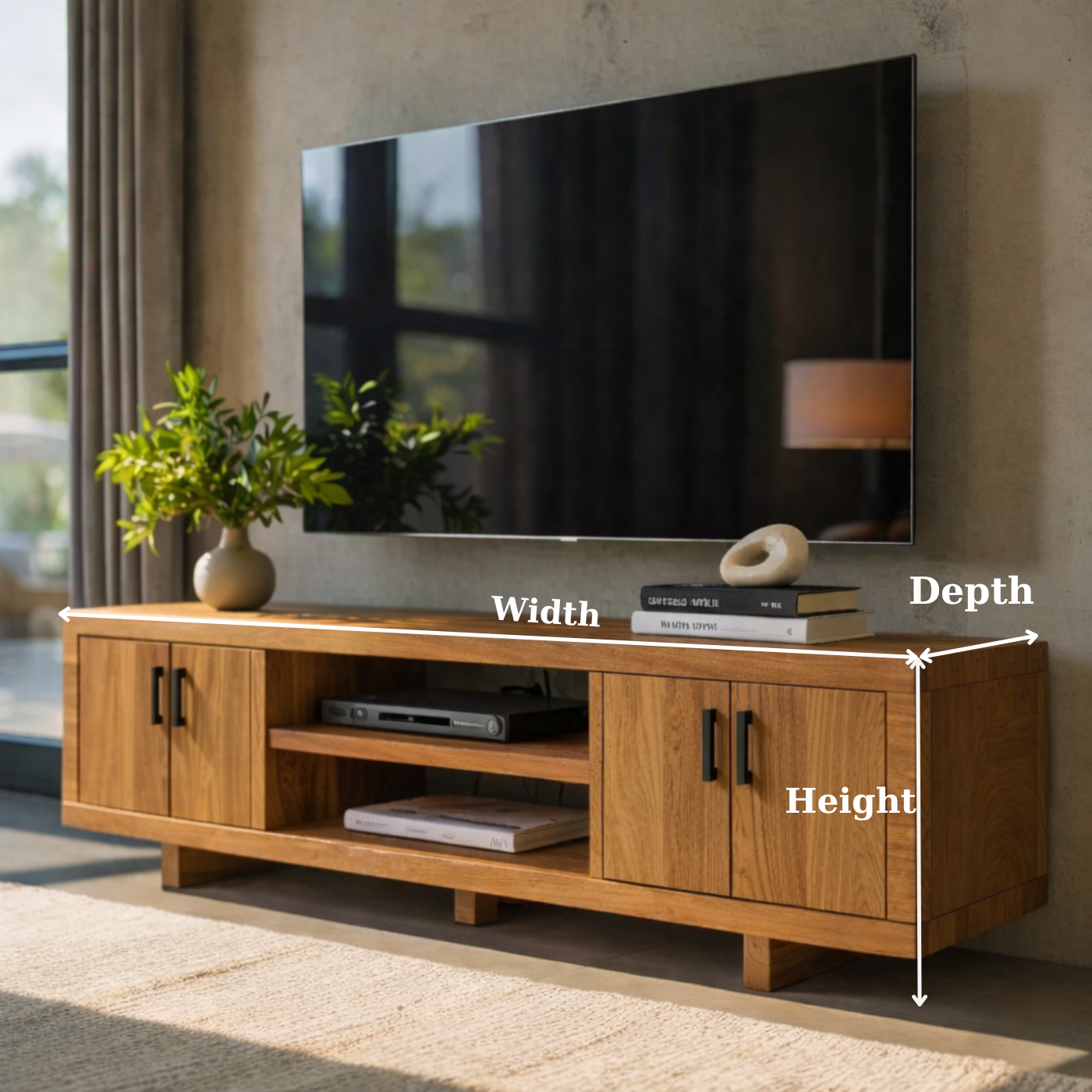 Modern Solid Wood TV Stand with Storage Cabinets and Open Media Shelf
