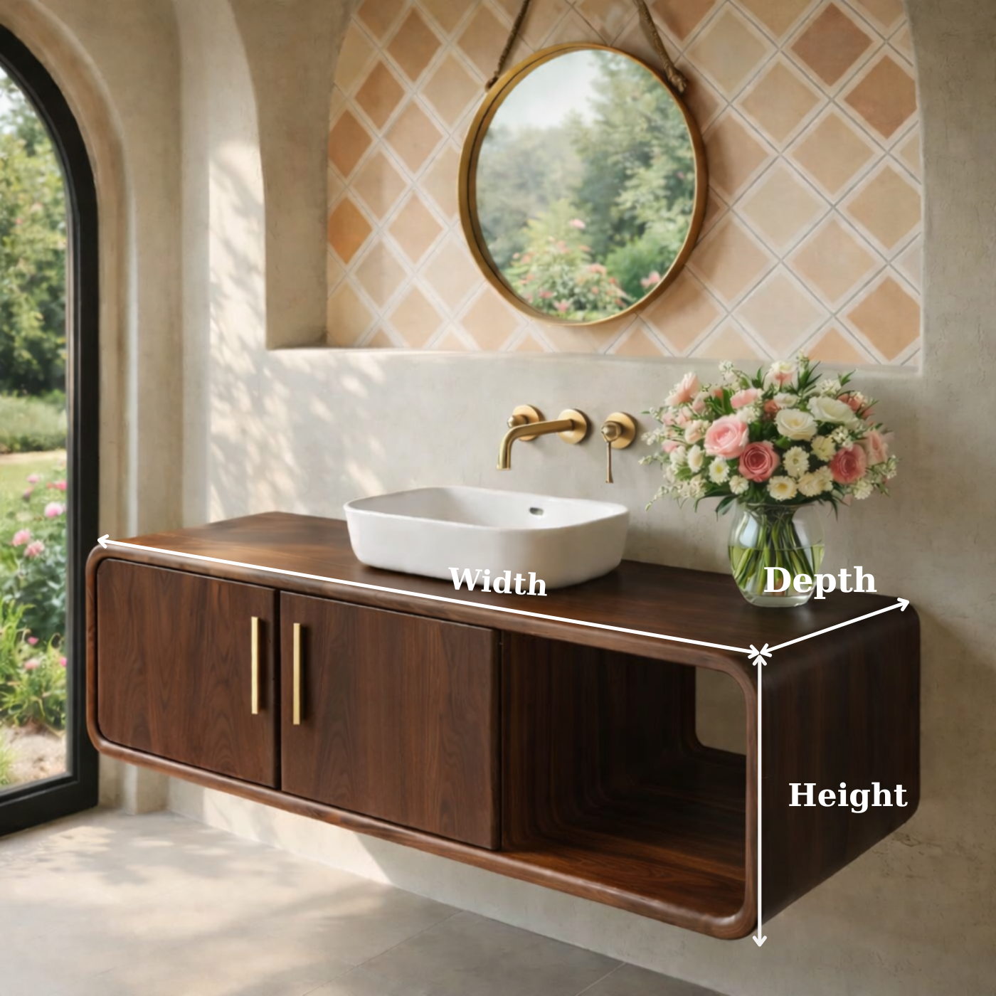 Floating Solid Wood Bathroom Vanity with Cabinet Doors and Open Shelf for Elegant Bathrooms