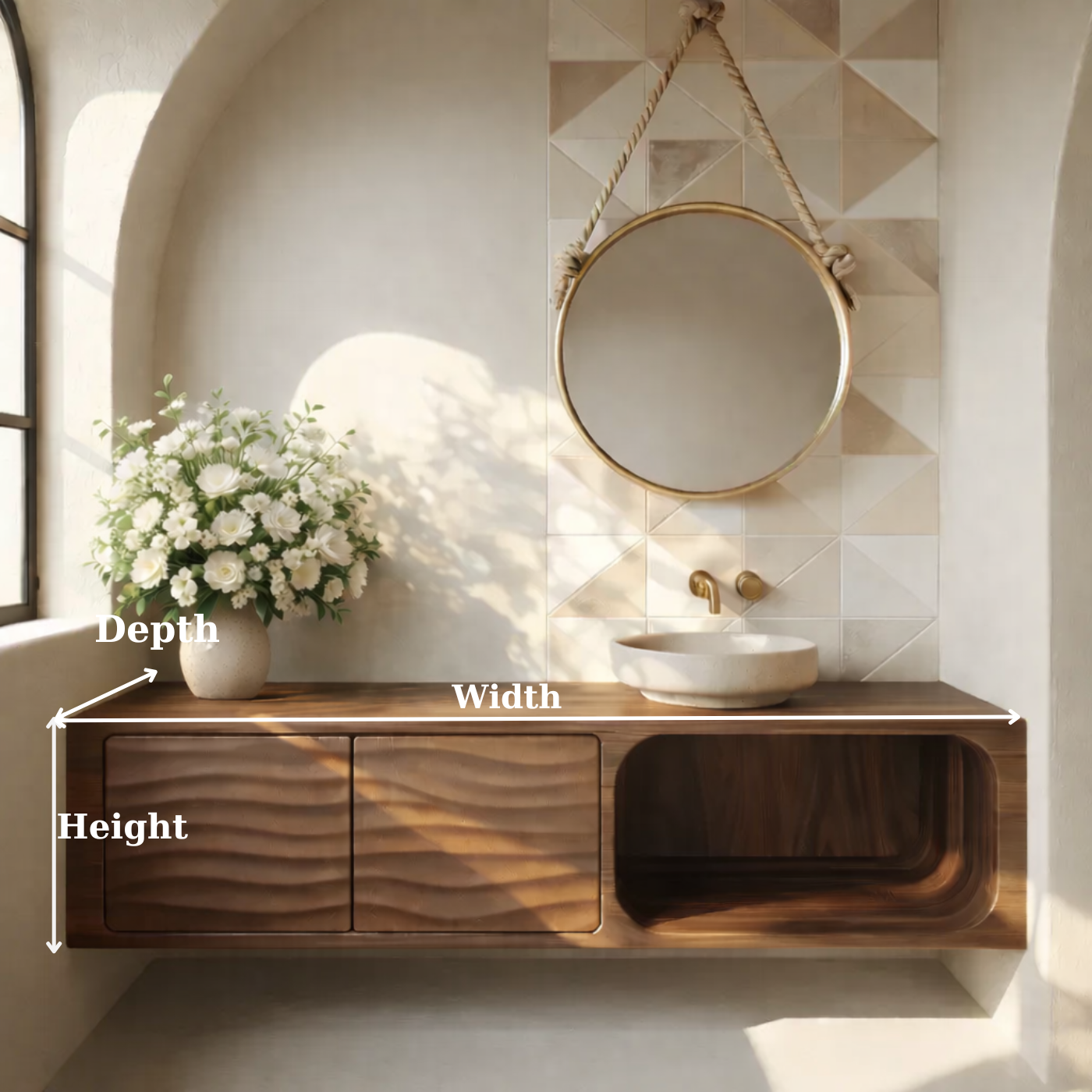 Floating Solid Wood Bathroom Vanity with Textured Cabinet Doors and Open Shelf for Contemporary Homes