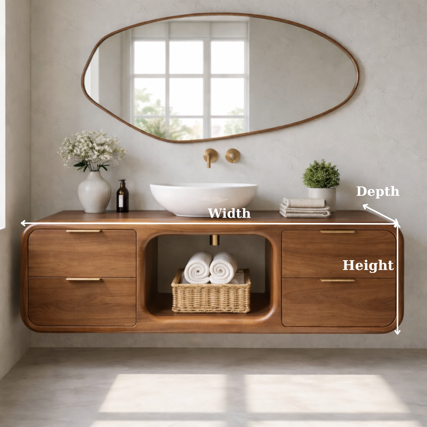 Modern Floating Solid Wood Bathroom Vanity with Open Center Shelf and Drawer Storage