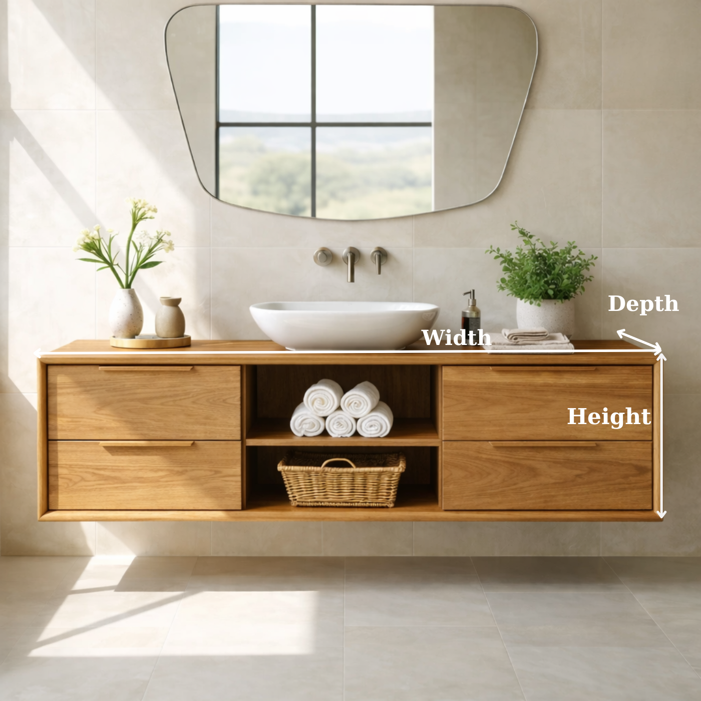 Modern Floating Oak Bathroom Vanity with Open Shelf and Double Drawer Storage