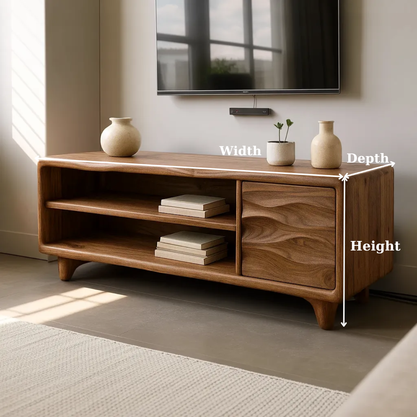 Modern Solid Wood TV Stand with Open Shelves and Wave Grain Cabinet Door