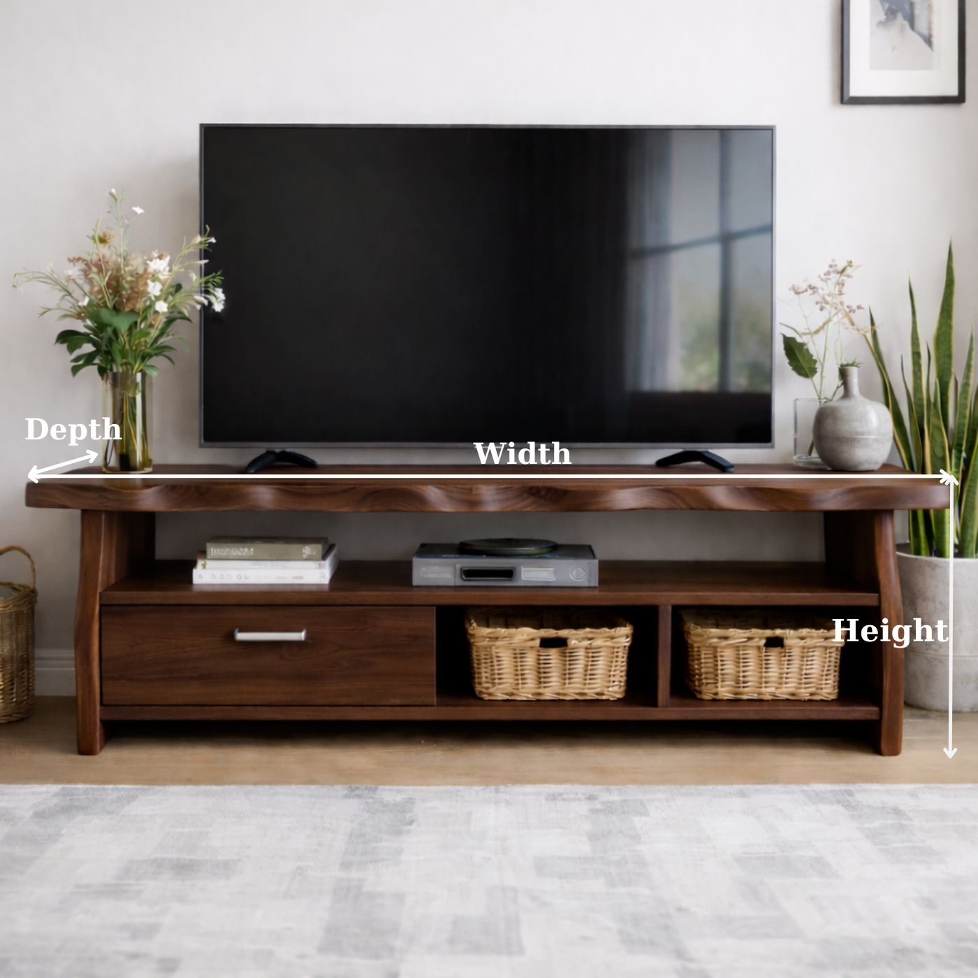 Mid-Century Solid Wood TV Stand with Drawer and Open Storage Shelves